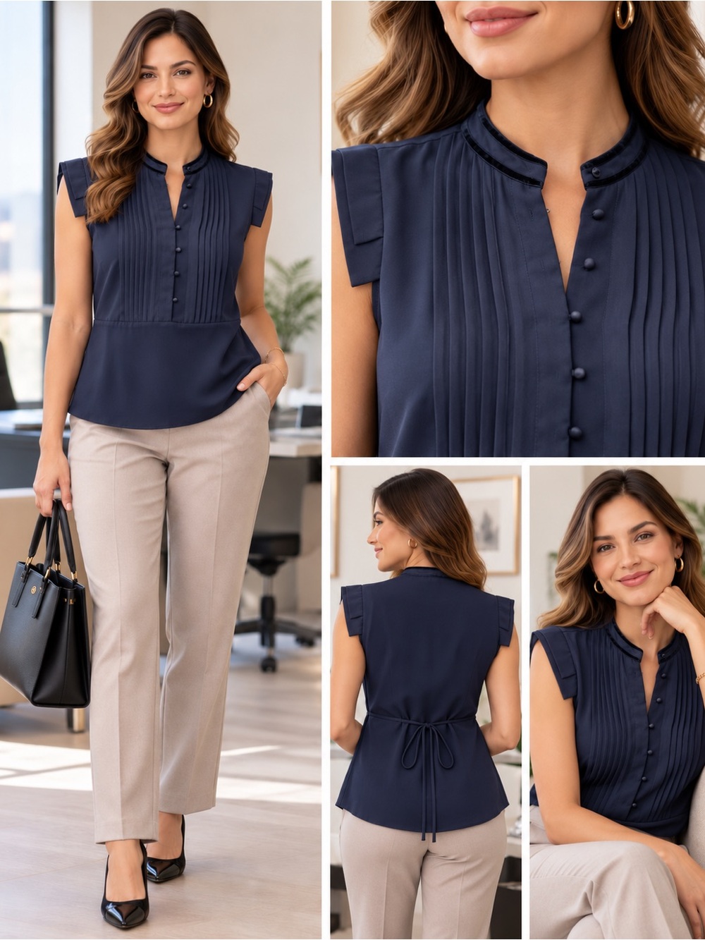 Tristan Navy Sleeveless Pintuck Blouse Tie Back XL